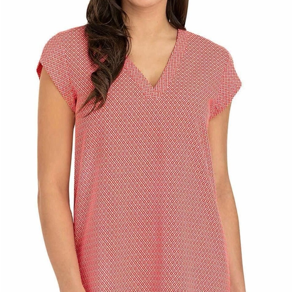 Hilary Radley Women’s V-Neck Cap Sleeve Lightweight Blouse Red Geometric Size L